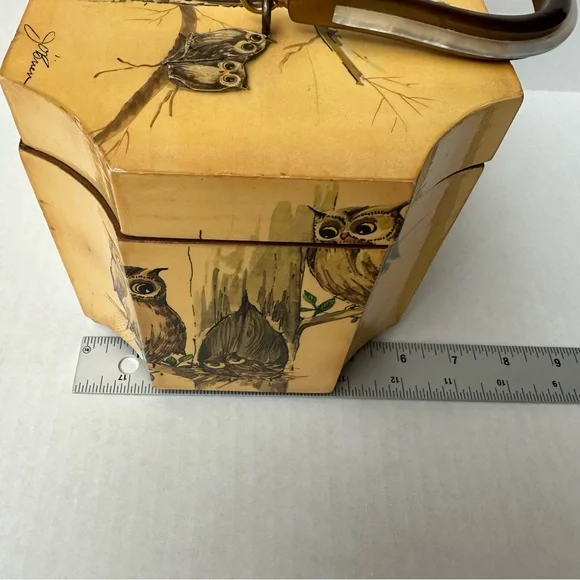 Wood Box 3D Decoupage Purse Octagon Brass Clasp Owls Vintage 60s/70s - Picture 16 of 16